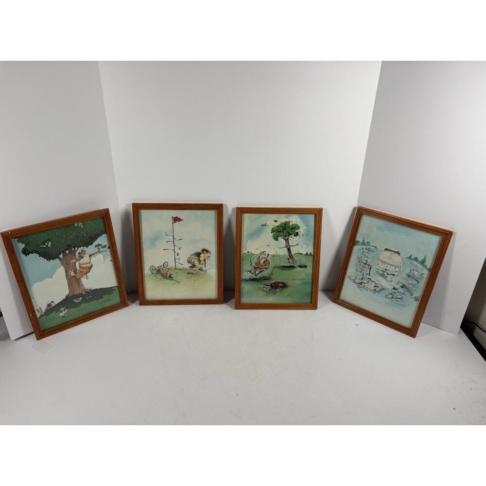 Set Of 4 Gary Patterson Golf Cartoon Framed Prints Wall Art 11x9